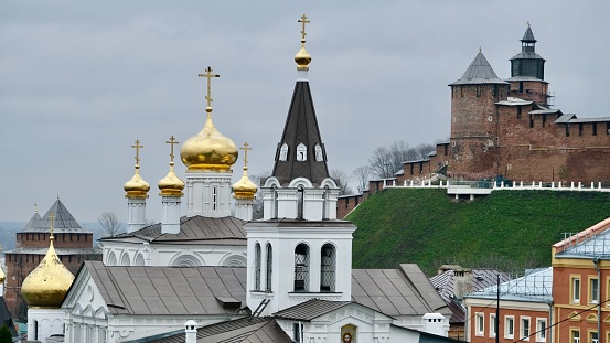 Church of Elijah the Prophet against the backdrop of the Nizhny Novgorod Kremlin with a new observation deck