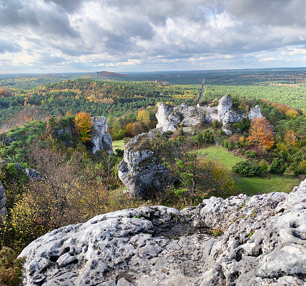 Chalk rock landscape of Polish Jurassic Highland landscape in south–central Poland. Aerial view.