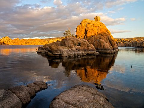 Amazing rock formation at sunrise and it's Reflections at Watson Lake, Arizona
