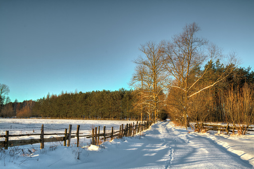 Winter landscape, amazing sundown in winter , Poland Europe, river valley Knyszyn Primeval Forest