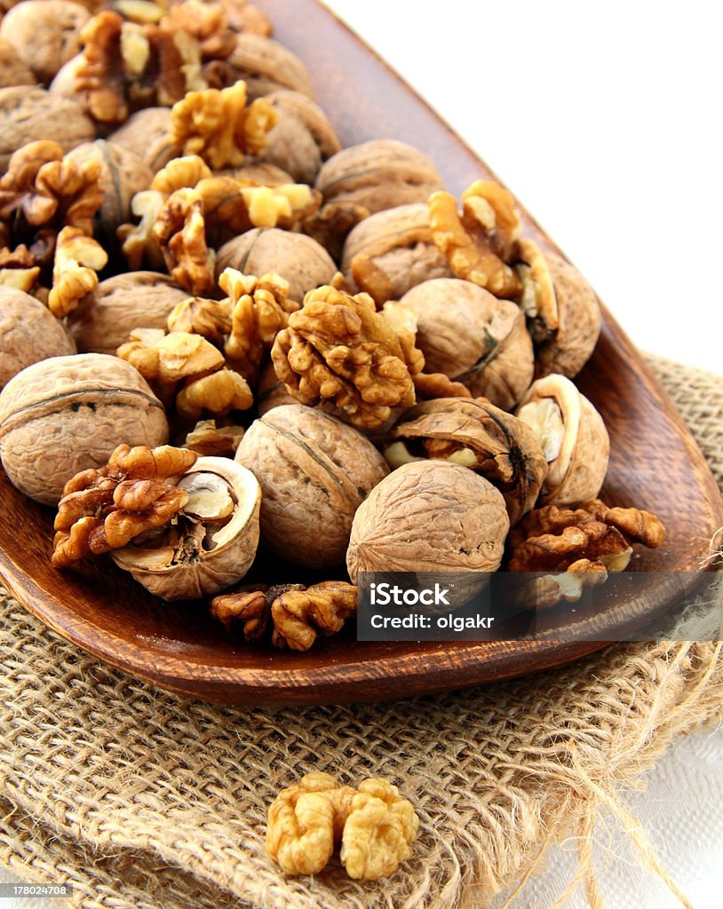 walnuts on a wooden plate Appetizer Stock Photo