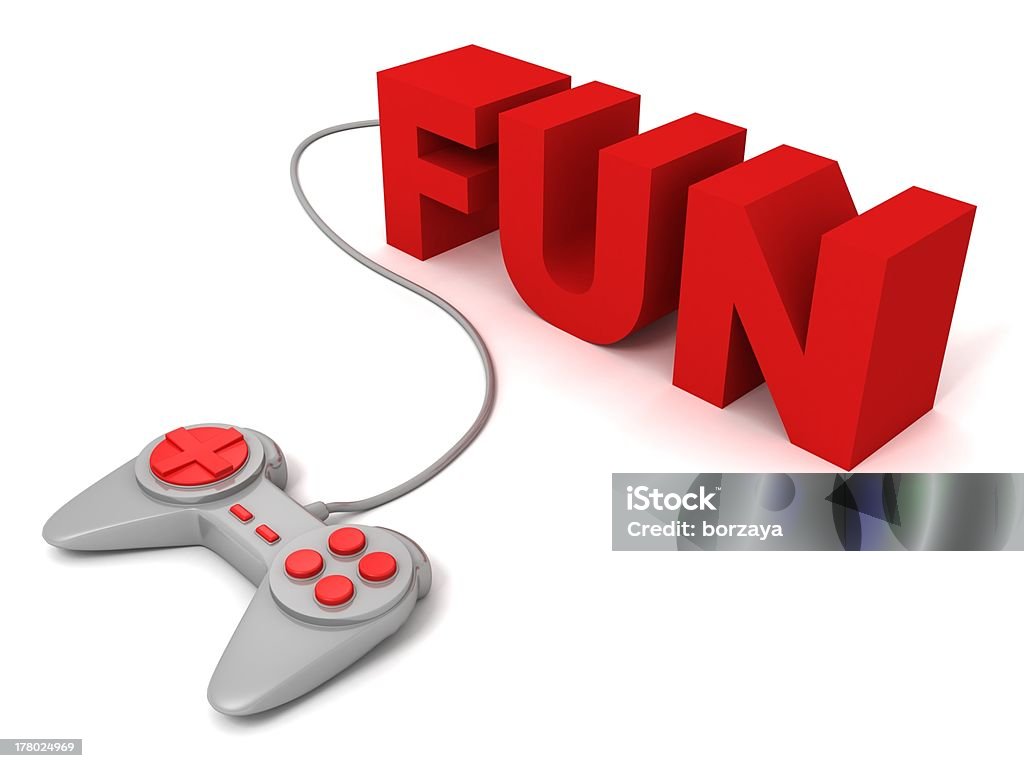 gray joystick vermelho botões com o conceito de diversão texto letras - Foto de stock de Alegria royalty-free