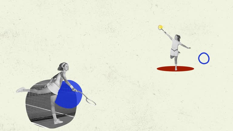 Stop motion. Animation. Young sportive girls in retro vintage style sports clothes playing tennis over light background with geometric elements.