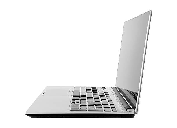 istock Side view of open silver laptop on white background 178025056