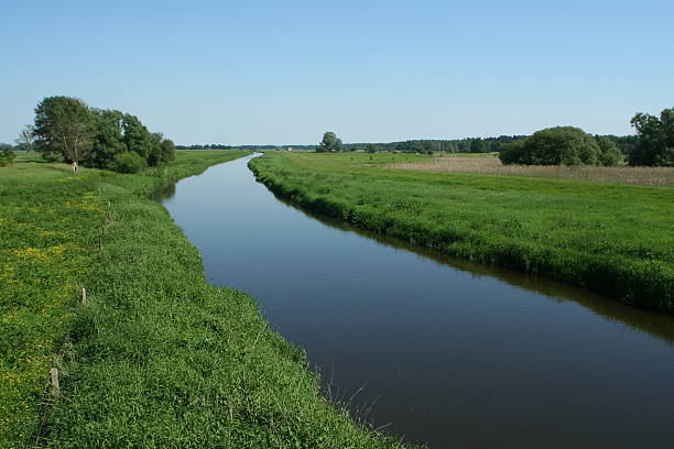 Course of the river in grassland stock photo