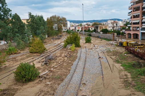 Volos Greece, Greece – October 15, 2023: destruction of railway lines,\nVolos, Greece. Storm Elias. Railway Station damaged by flood