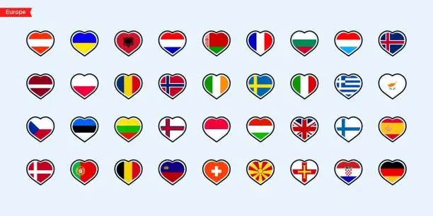 Vector illustration of Flags of the countries Europe continent. Isolated flags of Europe continent. Color hearts flags Europe countries. Vector icons