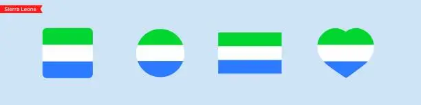 Vector illustration of National flag of Sierra Leone. Sierra Leone flag icons in the shape of square, circle, heart. Isolated flags for language selection. Vector icons