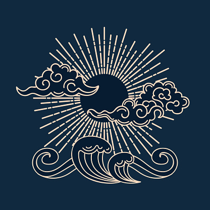 Sun, clouds and sea waves. Vector illustration in vintage Asian style. Graphic gold pattern. For posters, postcards, banners, design elements, printing on fabric.