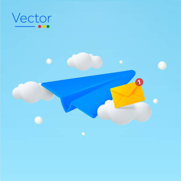 istock Sending message, unread letter or email poster, clipart template with flying paper plane, envelope, clouds, sky. 3d rendered incoming sms or email icon, isolated on background. Vector illustration. 1780266367