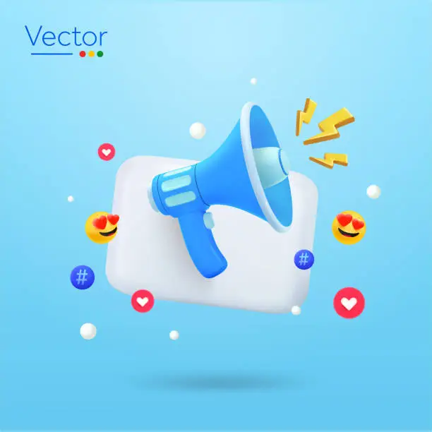 Vector illustration of 3d announcement banner concept with megaphone, chat box, emoticons. 3d rendered livestream icon isolated on background. Cartoon and minimal style Vector illustration