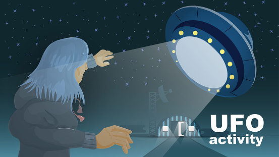 Flat illustration, A girl with blue hair covers her face from the light coming from a flying UFO