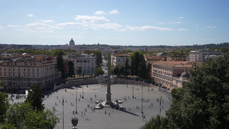 Panoramic view of Piazza del Popolo in Rome. Cinematic view crowd of tourists people at Egyptian obelisk fountain at visit of People Square, Piazza del Popolo.