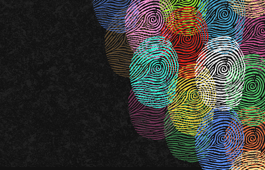 Diverse Identity Design group of multicolored fingerprints together as a beautiful tapestry of humanity as core values of creativity diversity inclusion belonging and multiculturalism or forensics icon.