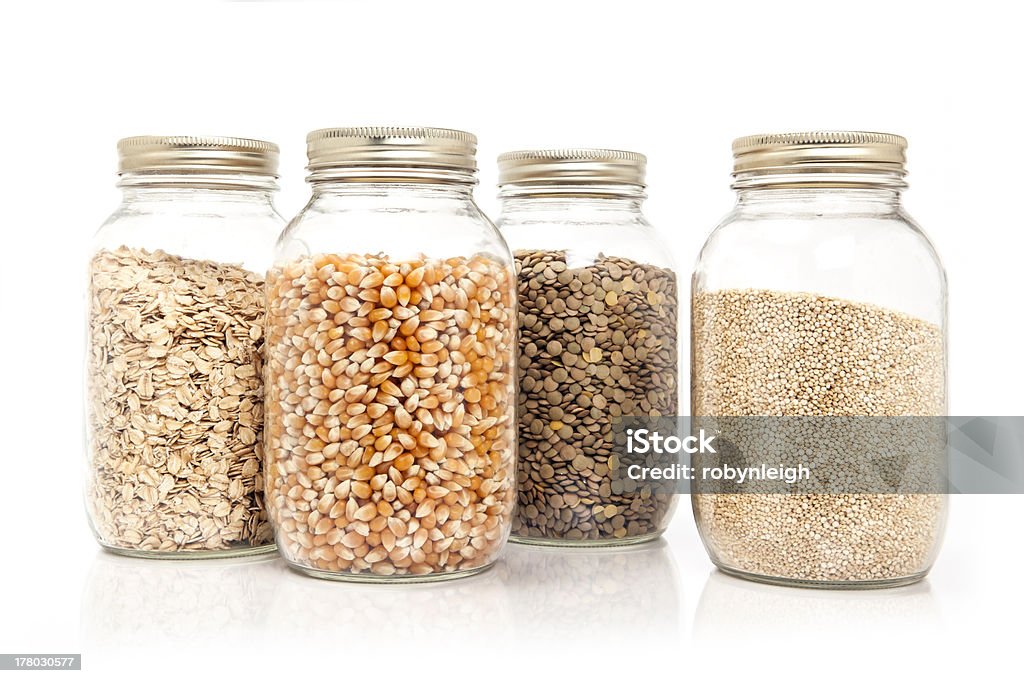 Mason Jars filled with dried grains Airtight Stock Photo