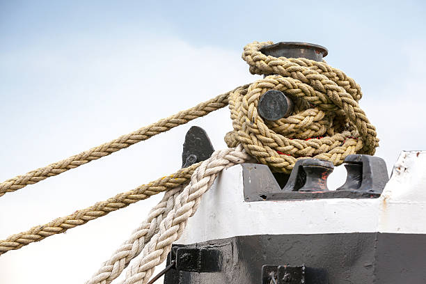istock Ships mooring bollard with heavy duty ropes 178030742
