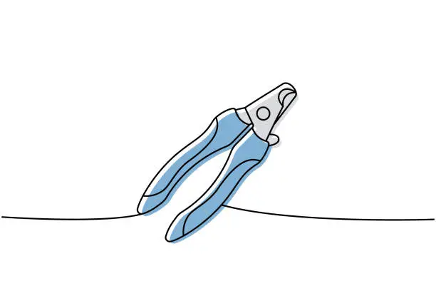 Vector illustration of Pet nail clippers, claw scissors one line colored continuous drawing. Animals accessories, pet toy supplies continuous one line illustration.
