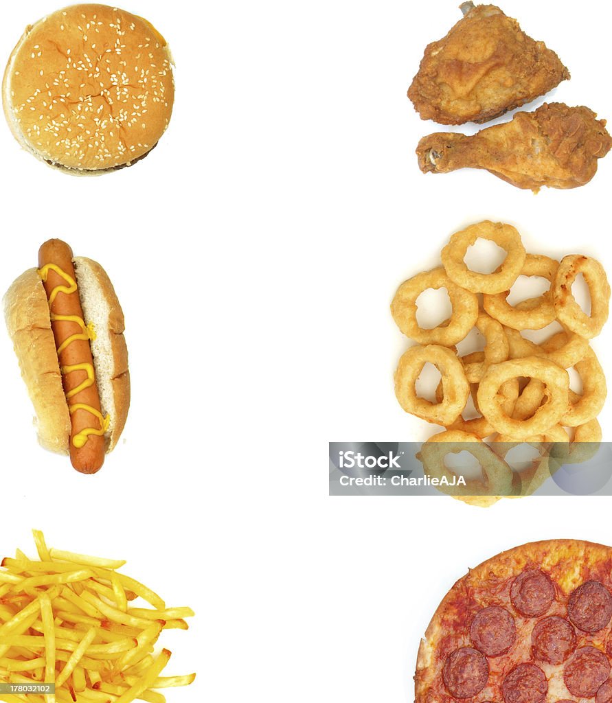 Fast food background Variety of fast food types forming a border on a white background Onion Ring Stock Photo