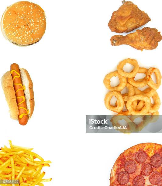 Fast Food Background Stock Photo - Download Image Now - Onion Ring, Cut Out, Hot Dog