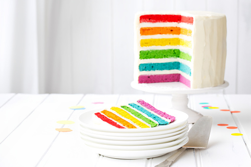 Brightly colored rainbow layer cake for a birthday party