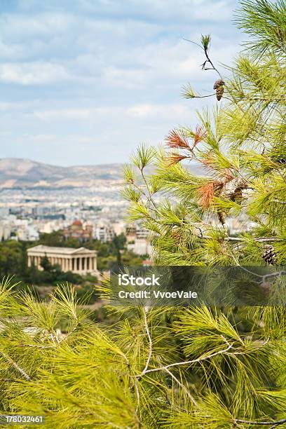 Branch Of Pine With Athens On Background Stock Photo - Download Image Now - Ancient, Antique, Architectural Column