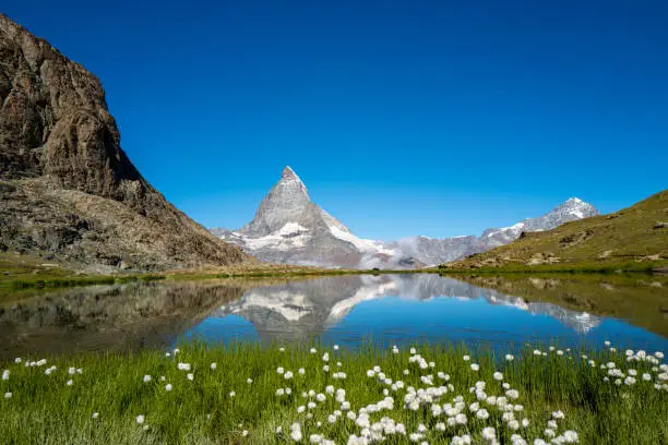 Switzerland Travel - The Matterhorn from the Swiss side and Lake Riffelsee in the foreground