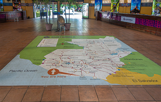 Guatemala, Puerto Quetzal - July 20, 2023: Geographical country map painted on floor of cruise terminal showing the country and the surrounding neighbors