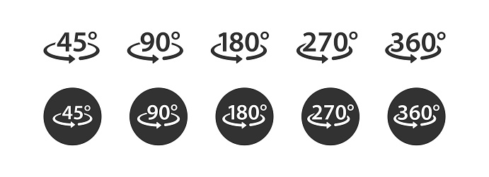 45, 90, 180, 270, 360 degree icon. Arrow rotate symbol. Angle signs. Turn symbols. Rotation icons. Black color. Vector isolated sign.
