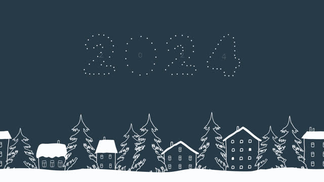 Christmas animation. Winter landscape passing by. Firework in the form of numbers of the 2024 year in sky
