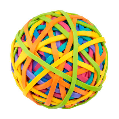 Rubber bands for money on a white background. Symbol of globalization, diversity and complexity of the modern world