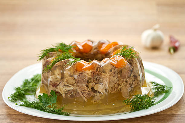 meat aspic jellied meat and vegetables on a wooden background aspic stock pictures, royalty-free photos & images