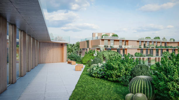 istock 3D render of a modern office building with green terraces 1780361984