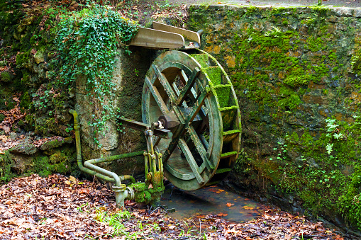 Mill water wheel and dried pond with moss in autumn