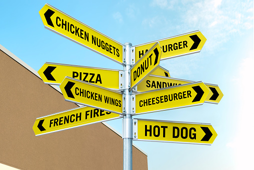 Fast food signs in every direction in front of a fast food restaurant
