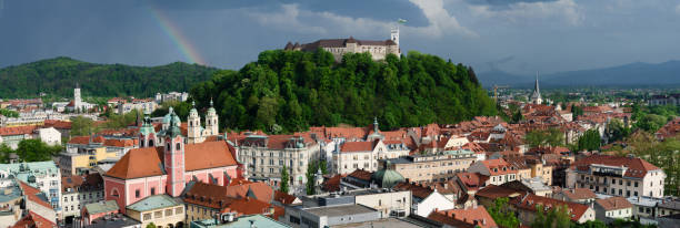 panorama of lublana z rainbow - ljubljana flag slovenia scenics zdjęcia i obrazy z banku zdjęć