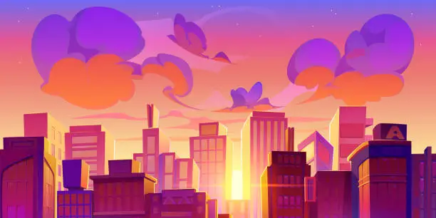 Vector illustration of Sunrise over modern city downtown with skyscrapers