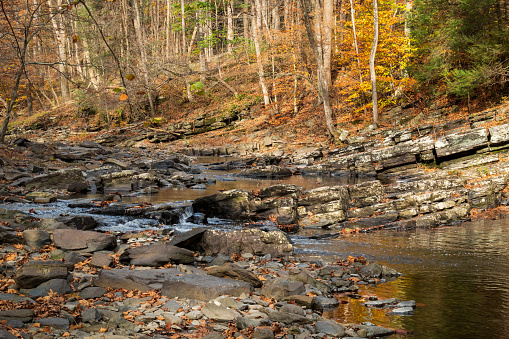 Photo taken of the Lockatong Creek in the fall. This 15.6-mile-long tributary of the Delaware River is located in Delaware Township, Hunterdon County, New Jersey, USA.
