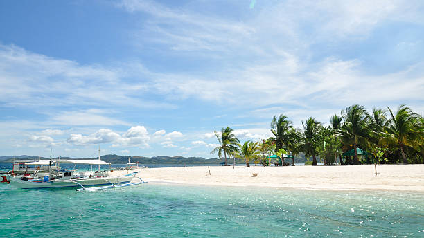istock beautiful beach with background of boat and coconut tree 178037208