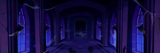 Vector illustration of Abandoned castle corridor at night