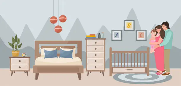 Vector illustration of Family in the children's bedroom. Couple in love. Family concept. Cozy bedroom with a cot. Bedroom interior: bed, carpet, lamp, crib, potted plants, paintings, bedside table.