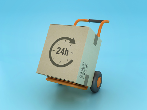 Hand Truck Carrying 24h Cardboard Box - Color Background - 3D Rendering