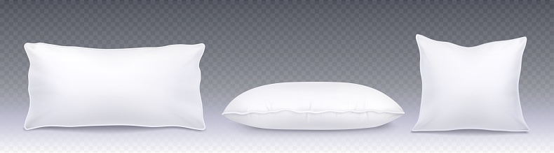 Realistic set of white pillows top and side view isolated on transparent background. Vector illustration of 3d square and rectangular cushion mockups for bedroom interior design, healthy sleep