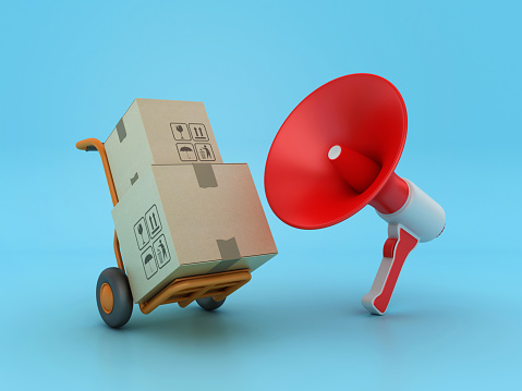 Hand Truck Carrying Cardboard Boxes with Megaphone - Color Background - 3D Rendering