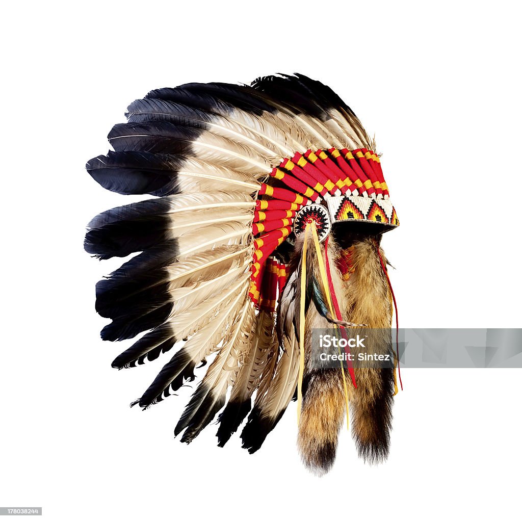 Native American Indian chief headdress with red pattern "native american indian chief headdress (indian chief mascot, indian tribal headdress, indian headdress)" Headdress Stock Photo