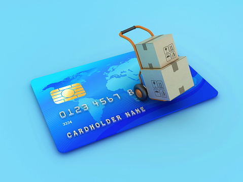 Hand Truck Carrying Cardboard Boxes with Credit Card - Color Background - 3D Rendering