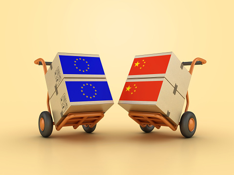 Hand Truck and European Cardboard Boxes - Color Background - 3D Rendering