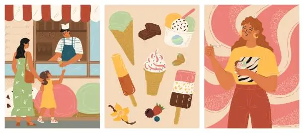 Vector illustration of Ice-cream street market scene with happy people eating frozen dessert