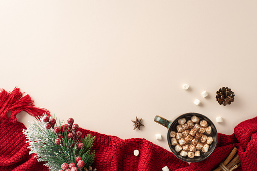 Seasonal delight: A top-down view of a decadent hot chocolate mug, anise, cinnamon sticks, frost-kissed fir twig, pine cone, mistletoe berries, and a red knitted scarf on a soft beige surface