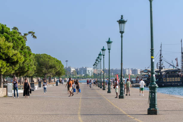 Thessaloniki, Greece - September 22, 2023 : View of the famous Nea paralia,  the famous beach promenade of Thessaloniki Greece