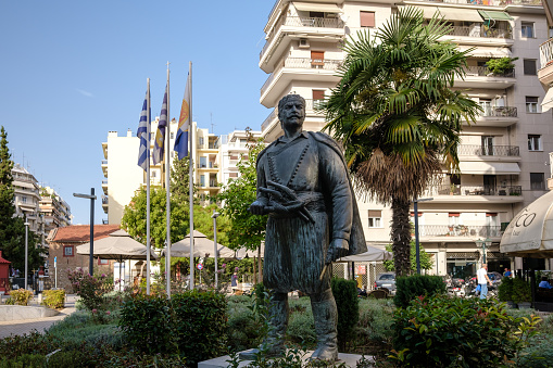 Thessaloniki, Greece - September 22, 2023 : View of a bronzed statue of a Cretan Macedonian Fighter in Thessaloniki Greece
